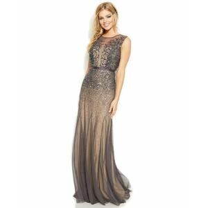 $349 Adrianna Papell Gunmetal Nude Sleeveless Illusion Sequin Beaded Gown 6 NEW
